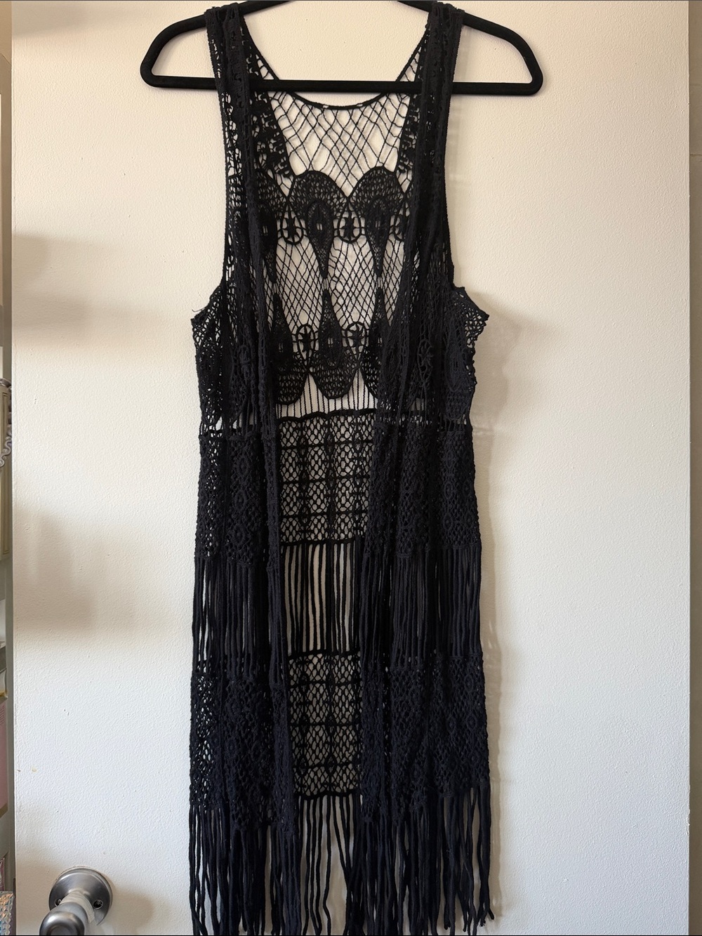 Festival Vibe Black Crochet Fringe Vest Cover-Up|No size tag- S/M